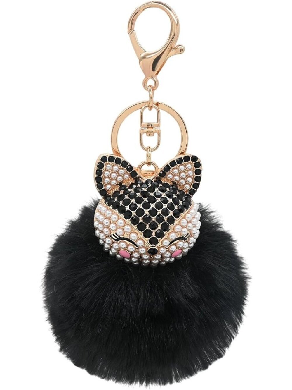 Women's Black Head Keychain with Faux Fur Pom-Pom Bling Rhinestones Simulated